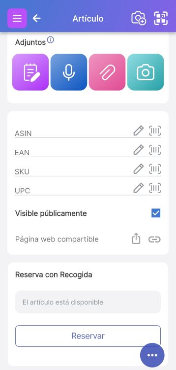 Imagen que muestra los campos ASIN, EAN, Número de Serie, SKU y UPC con un icono de escaneo de código de barras junto a ellos, lo que permite a los usuarios escribir o escanear valores.