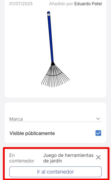 Imagen que destaca dónde, en la página de detalles del artículo, se indica que el artículo está en un contenedor específico.