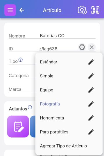 Imagen de la página de elementos con "Tipos de elementos" abiertos y el icono flotante actualizado