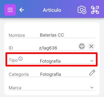 Imagen que muestra el campo "Tipo" con flecha desplegable