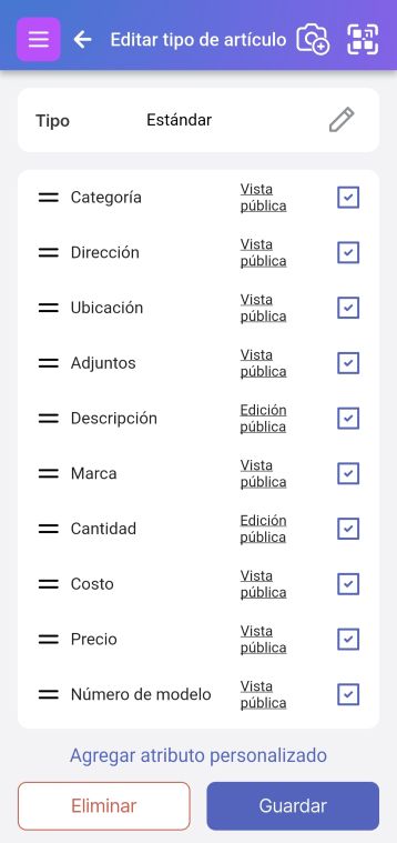Imagen de la página Tipo de elemento que muestra la sección 'Atributo personalizado' y el botón 'Guardar' en la parte inferior. Incluye ejemplos de campos con diferentes estados de Edición pública (habilitada/deshabilitada) e iconos de lápiz de edición visibles.