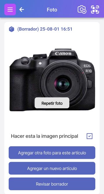 Pantalla que muestra tres opciones: Añadir otra foto para este artículo, Añadir un nuevo artículo y Revisar borrador