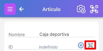 Página de artículo sin código QR que muestra el símbolo de escaneo junto al campo ID.