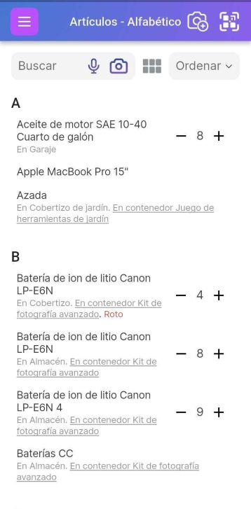 Imagen de la página de Lista de Elementos con algunos contenedores