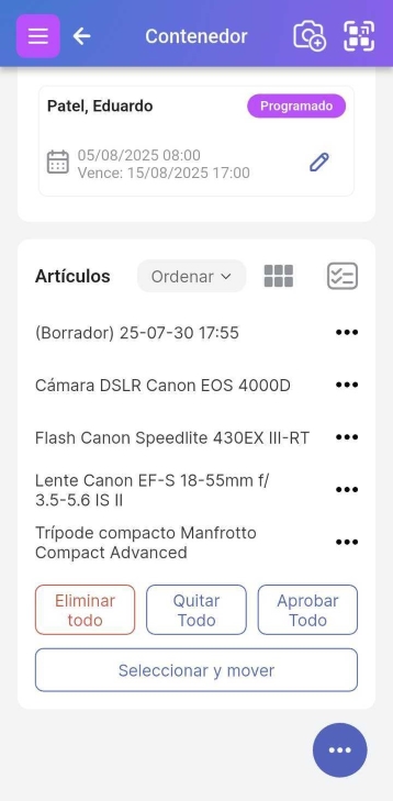 Imagen de elementos en un contenedor con la lista de verificación habilitada