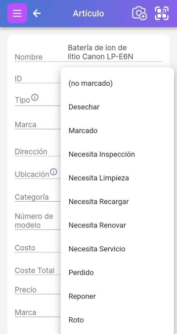 Menú desplegable de opciones de campo de bandera que se muestra