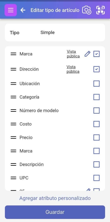 Lápiz mostrado junto al atributo Bandera en la pantalla Editar tipo de elemento