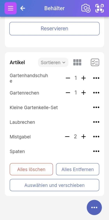 Página de contenedor que muestra un artículo de Pitchfork con cantidad dentro del contenedor del Kit de Jardinería