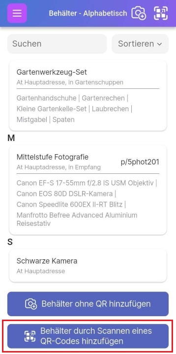 Imagen que muestra cómo agregar un contenedor con un código QR haciendo clic en el botón QR superior derecho o usando el