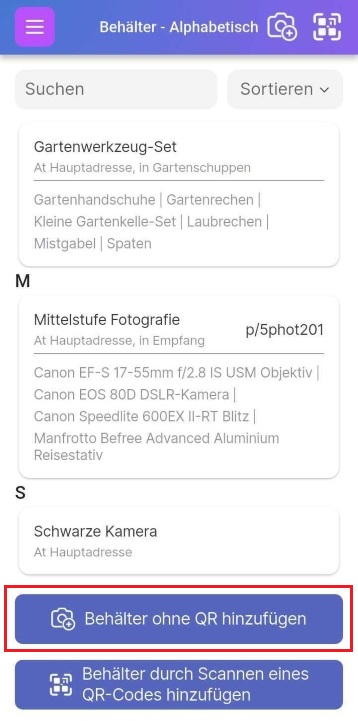 Imagen que muestra cómo añadir un contenedor sin etiqueta QR seleccionando el icono de Cámara+ o utilizando el