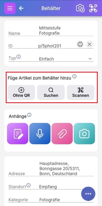 Página de contenedor que muestra opciones para añadir elementos: Buscar, Escanear QR o Sin QR