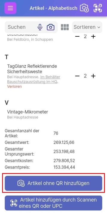 Imagen que muestra un botón resaltado para añadir un artículo sin QR