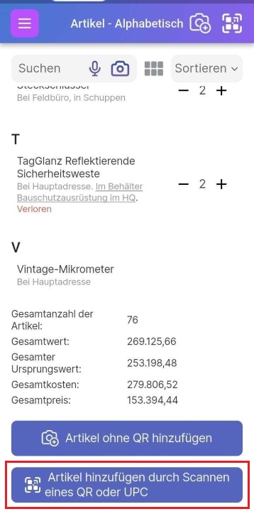 Imagen que muestra el botón "Añadir un artículo escaneando un código QR o UPC" en la parte inferior de la página de la lista de artículos.