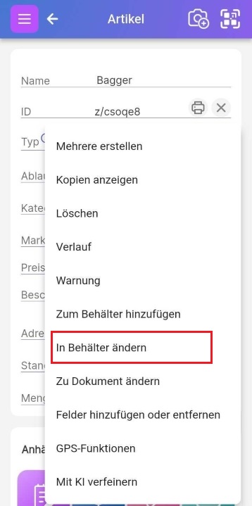 Imagen del menú inferior derecho abierto con "Cambiar a contenedor" resaltado.