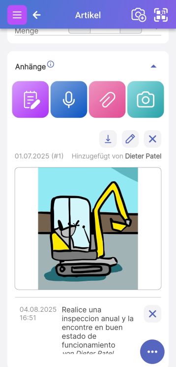 Sección de adjuntos que muestra opciones para imágenes, documentos, notas y recordatorios.