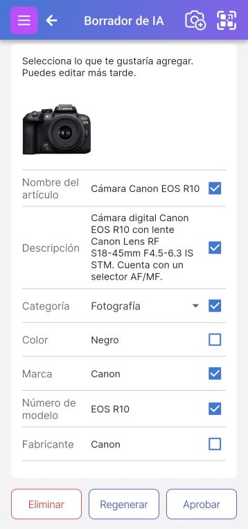 Pantalla de revisión de borrador de IA que muestra los campos y casillas de verificación propuestos.