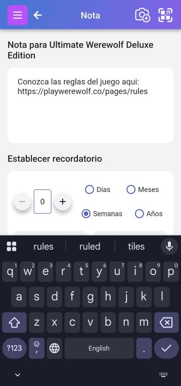 Introducción de una URL en el campo Nota