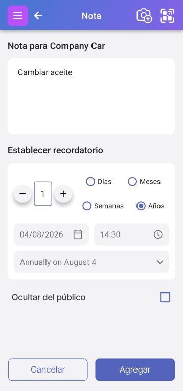 Imagen muestra el área para añadir el recordatorio.