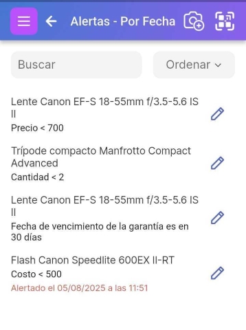 Pantalla que muestra las alertas actuales. Se ve al hacer clic en "Alertas" desde el panel de control.