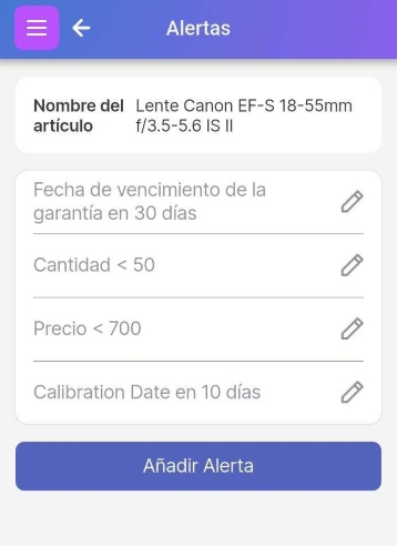 Página de la lista de alertas con alertas para Marcado, Vencimiento en 10 días y Cantidad < 10