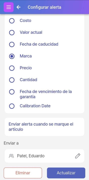 Pantalla de configuración de alertas que muestra "Marcar" como la opción seleccionada para configurar la alerta.
