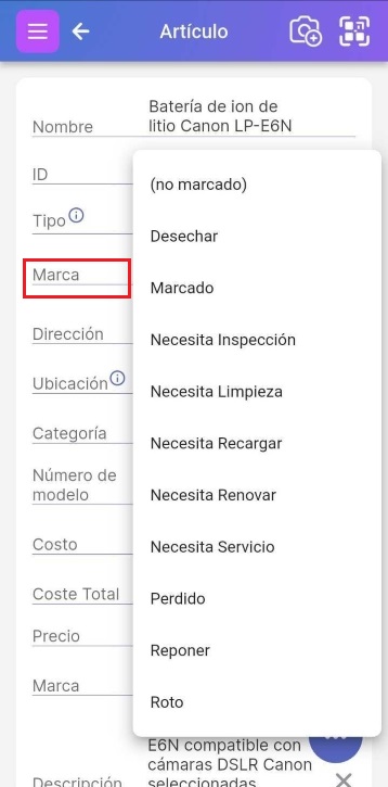 Menú desplegable de valor de bandera activado en la página del artículo que muestra las opciones de bandera predeterminadas: Roto, Desechar, Marcado, Perdido, Necesita limpieza, Necesita inspección, Necesita recarga, Necesita renovación, Necesita servicio y Reponer stock.