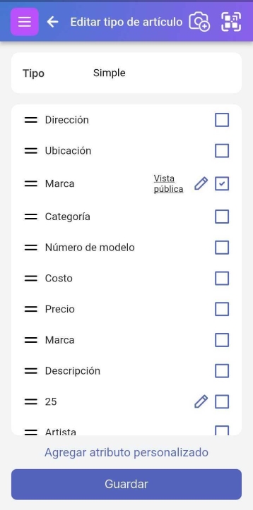 Página Editar tipo de elemento con atributos listados, incluyendo el atributo Bandera junto con un lápiz de edición al lado.