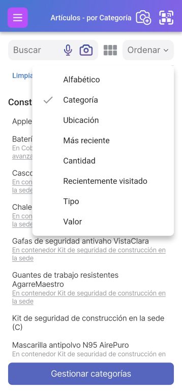 Imagen de la página Lista de artículos (Artículos) por Categoría con un menú desplegable que muestra las opciones de agrupación, incluyendo por Categoría.