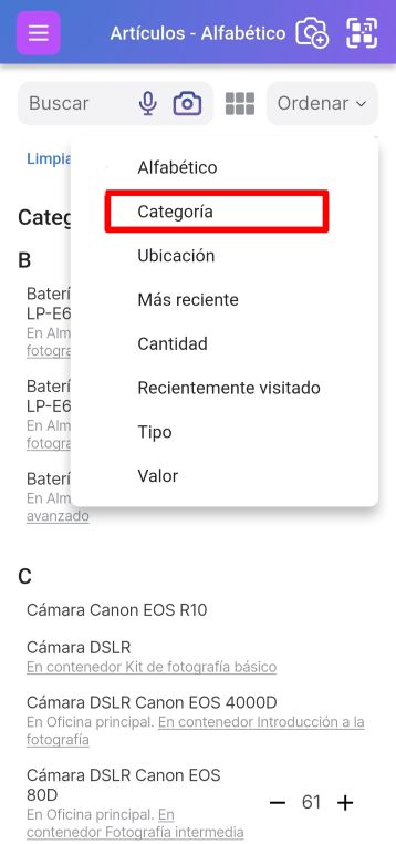 Página de lista de artículos que muestra la opción Ordenar por categoría