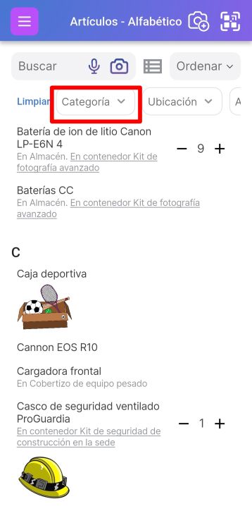 Página de lista de artículos que muestra el filtro de categoría en la barra de búsqueda.