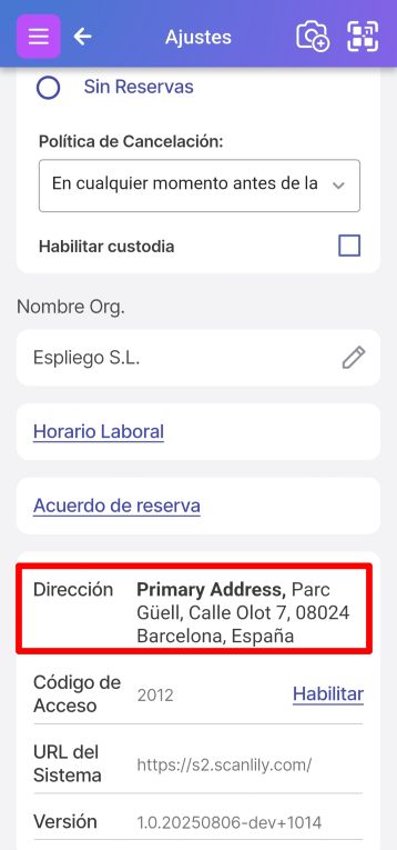 Imagen de la página de Configuración con la sección de Dirección visible.