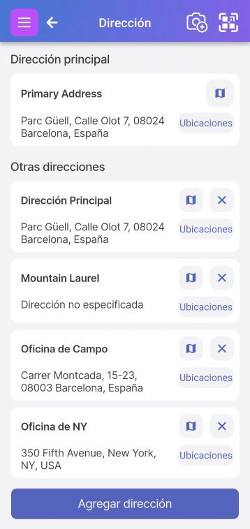 Imagen de la página de gestión de direcciones con más de una dirección.