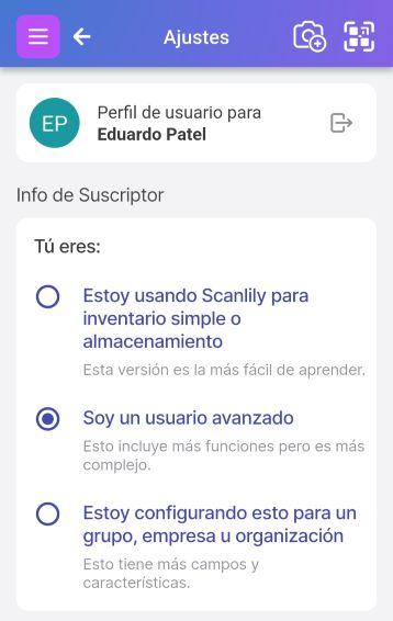 Opciones de configuración que muestran inventario Simple, Usuario avanzado y opciones de Grupo/organización