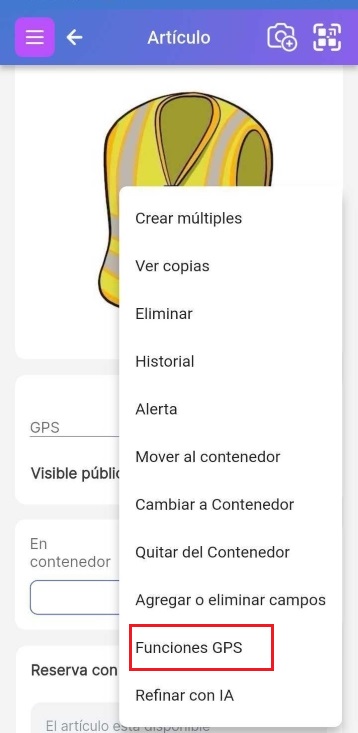 GPS seleccionado del menú desplegable inferior derecho