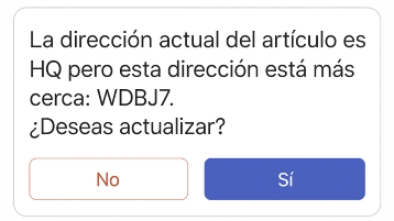 Ventana emergente preguntando si el usuario quiere actualizar la dirección del artículo a una ubicación más cercana.