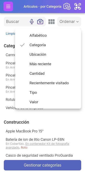 Imagen de la página de la lista de artículos con el menú desplegable "Ordenar por" seleccionado y agrupado por Categoría.