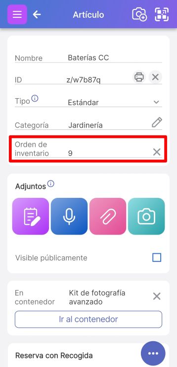 Página de artículo mostrando el atributo Orden de inventario