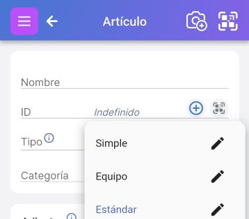 Campo de tipo en la pantalla del artículo que muestra los tipos de artículo predeterminados