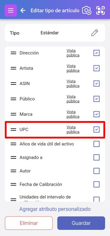 Pantalla Editar Tipo de Artículo con el atributo UPC resaltado. Tiene una marca de verificación a la derecha.