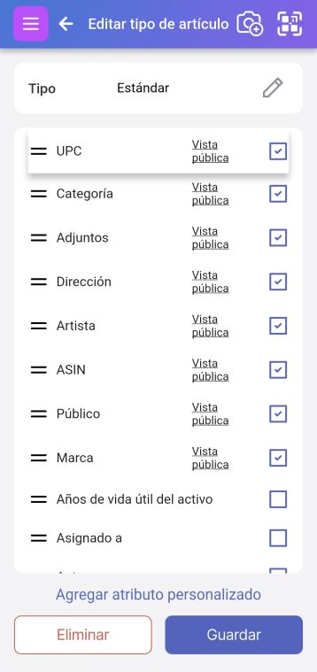 Campo UPC seleccionado y siendo movido en la página de Editar Artículo haciendo clic en las dos pequeñas líneas a la izquierda de "UPC".