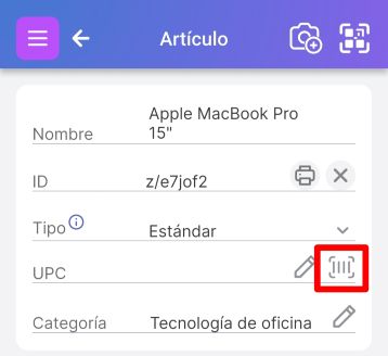 Página de artículo mostrando un campo UPC vacío con un código de barras resaltado a la derecha.