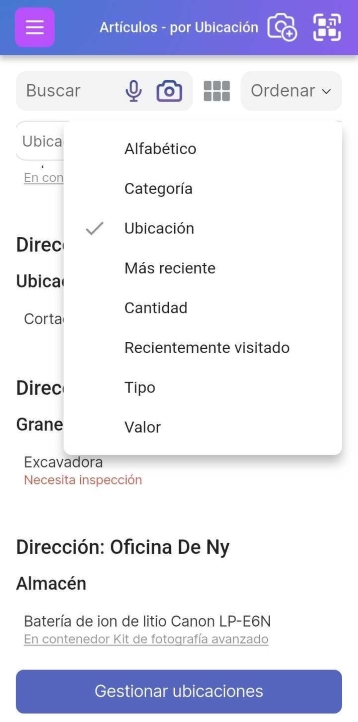 Imagen de la página de Lista de artículos agrupada por Dirección y Ubicación. Las opciones de ordenación incluyen Alfabético, Categoría, Ubicación, Más reciente, Cantidad, Reciente, Tipo y Valor.