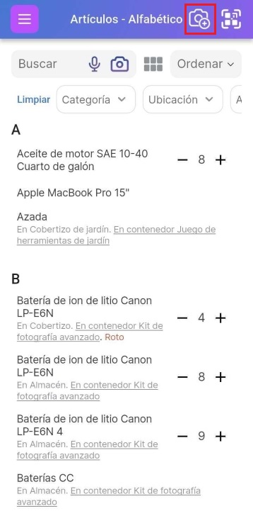 Imagen que muestra el botón de la cámara con el signo más resaltado.