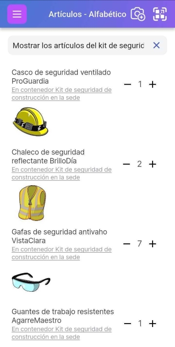 Imagen que muestra la búsqueda con IA en acción, con una pregunta escrita en la barra de búsqueda y elementos sugeridos que aparecen según el inventario.