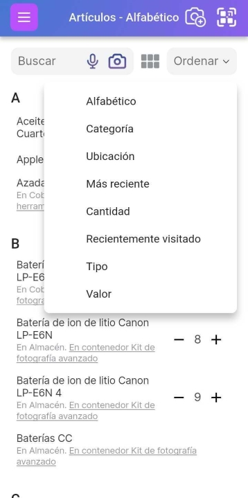 Imagen de la página de la lista de artículos con opciones de ordenación que muestran: Alfabético, Categoría, Ubicación, Más reciente, Cantidad, Visitados recientemente, Tipo y Valor