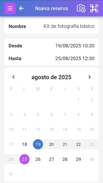Imagen del Camera Kit 1 siendo reservado en la aplicación móvil