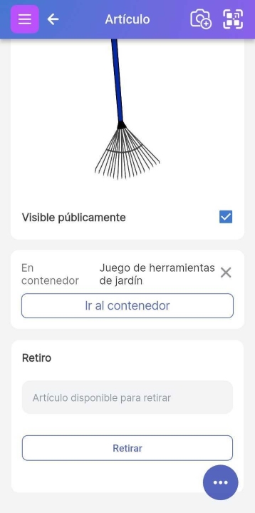 Imagen de un rastrillo de jardín con el botón "Comprar" debajo.
