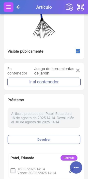 Página del artículo mostrando el botón de Registrar entrada