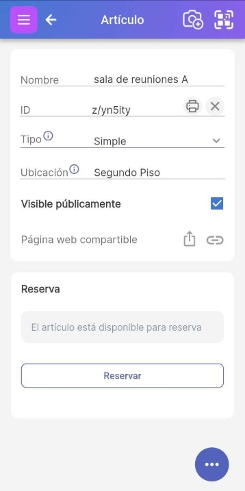 Imagen del elemento "Sala de reuniones A" con el botón Reservar debajo.