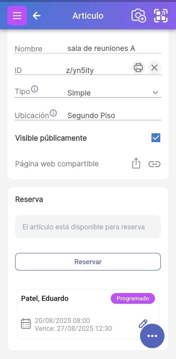 Página de artículo con sección de Reserva y reserva mostrada